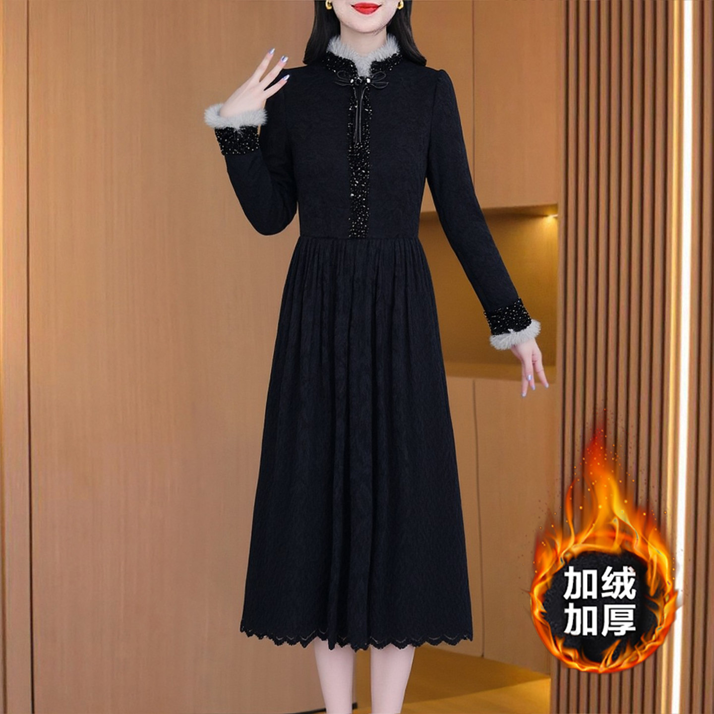 冬季新款加绒加厚毛领连衣裙女中长款小个子女士优雅正式场合妈妈
