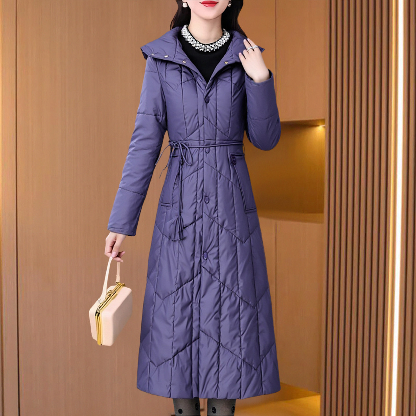 紫色连帽中长款棉袄女冬季加厚夹棉外套品牌高级感小个子羽绒棉服