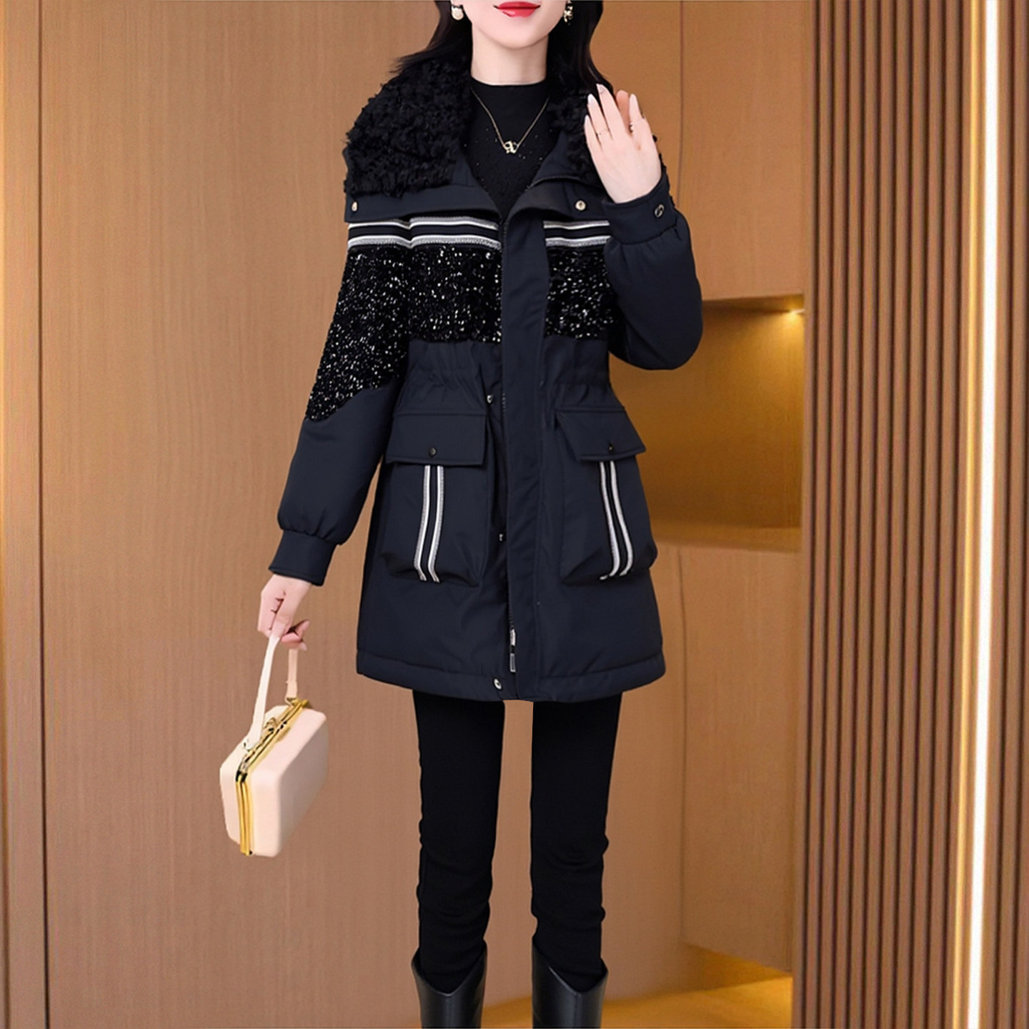 晋江爆款小香风棉服女士冬亮片派克服加绒加厚外套中长款洋气妈妈