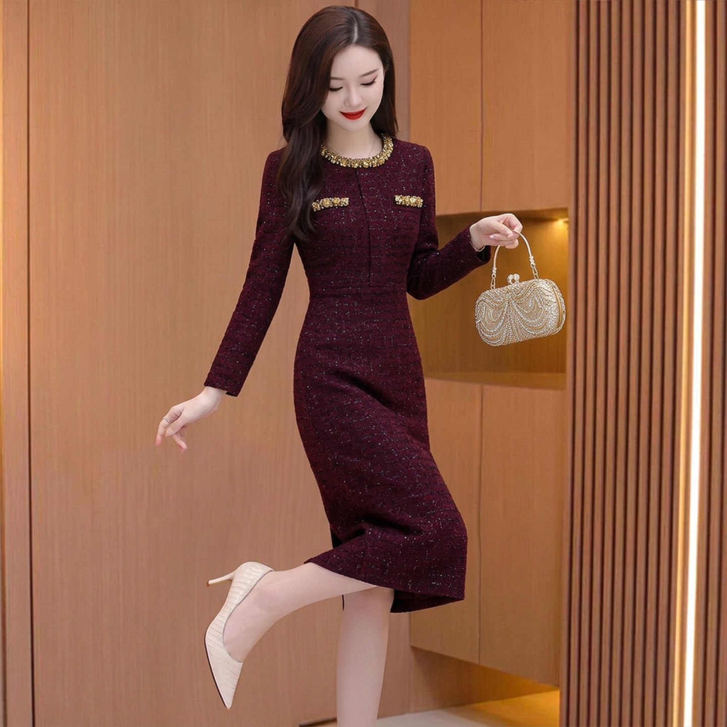 红色小香风长袖连衣裙女秋气质名媛女神范高级感喜妈妈礼服上档次