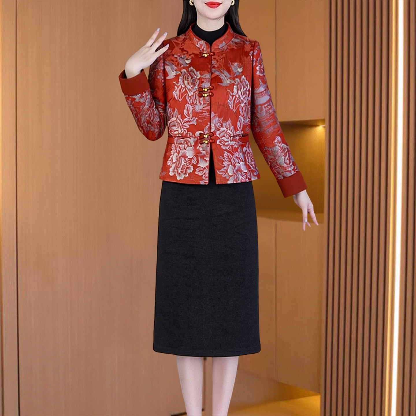 新中式国风减龄连衣裙女冬季轻奢高级感夹棉服喜妈妈旗袍两件套装