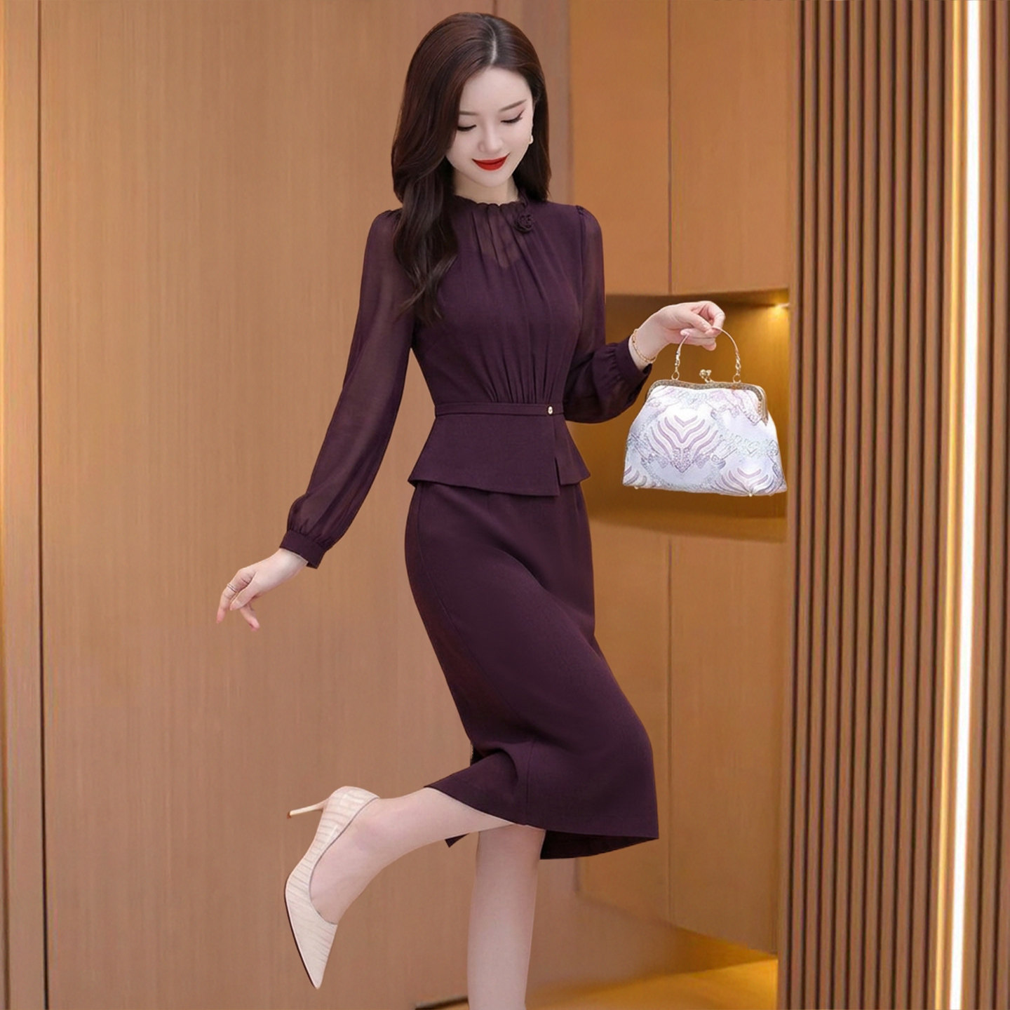 高端品牌雪纺长袖连衣裙女秋假两件喜妈妈礼服洋气减龄轻奢高级感