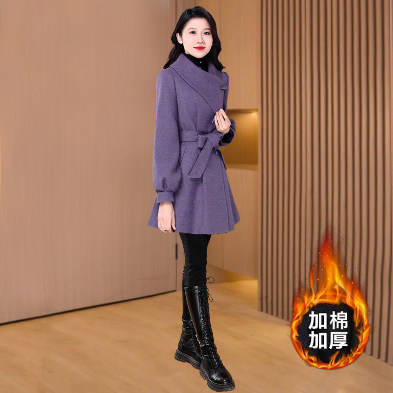 高级感加厚仿毛呢外套女秋冬贵夫人妈妈香风斗篷大衣紫色晋江棉服