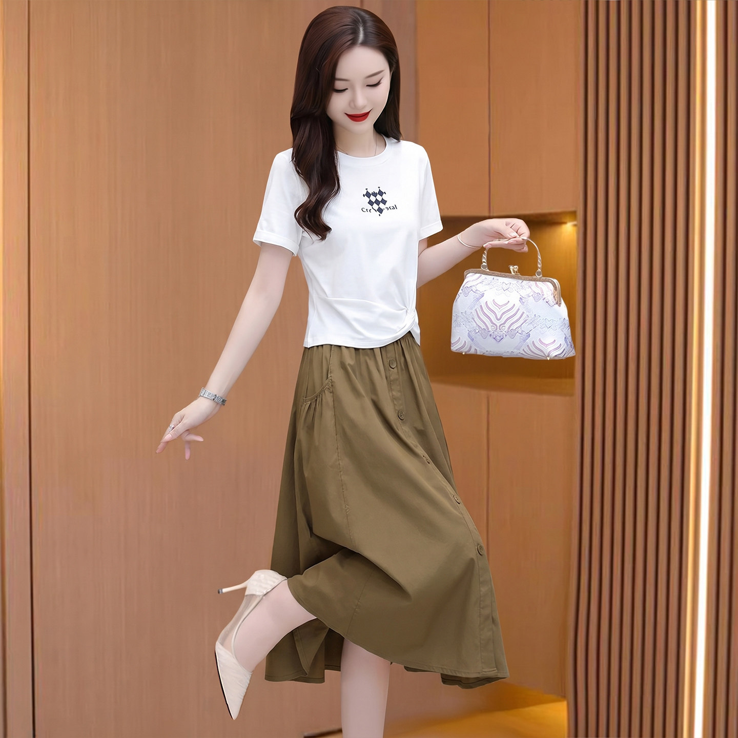 中年妈妈短袖两件套装连衣裙女夏遮肚子显瘦轻奢高级感广州十三行