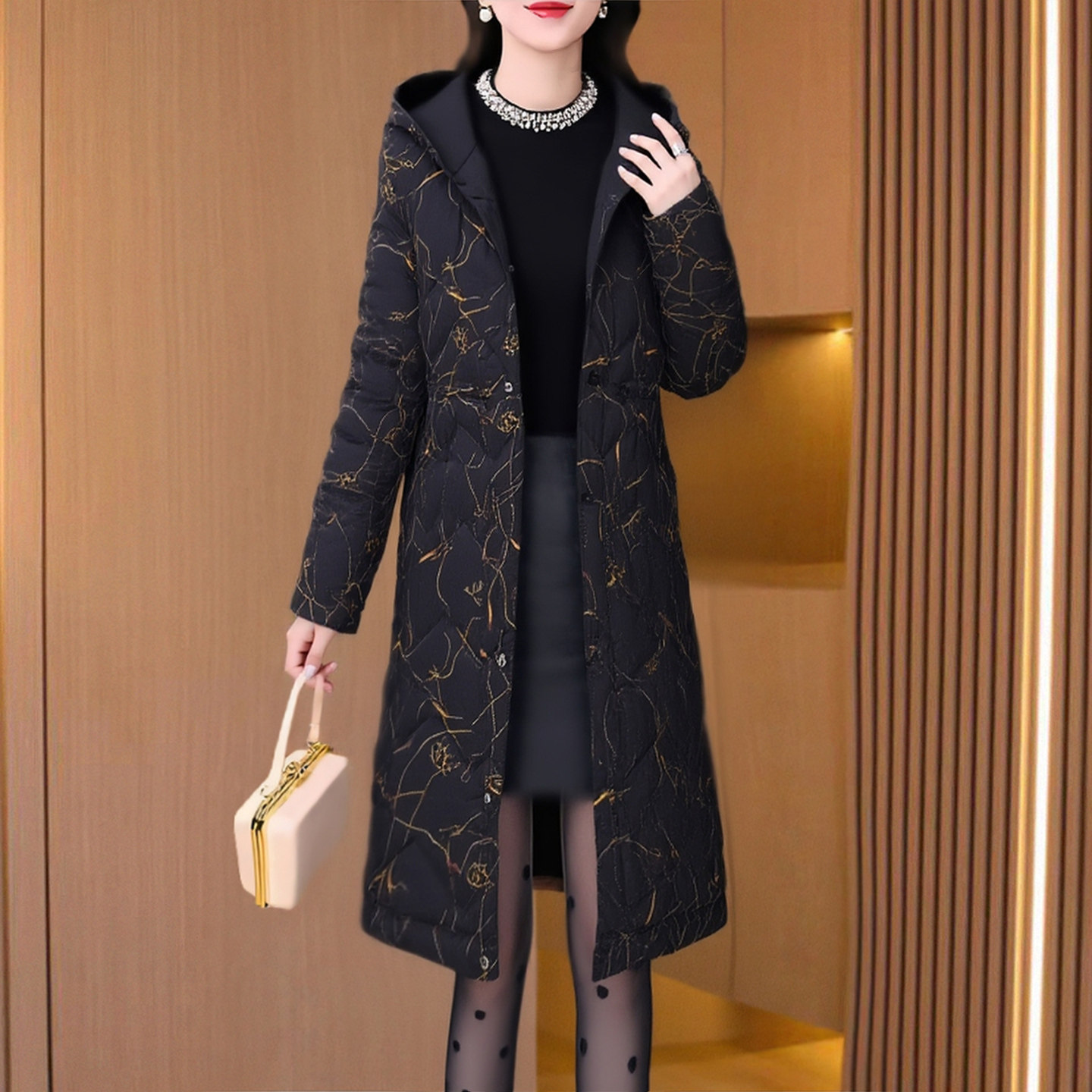 晋江品牌爆款双面印花羽绒棉服女冬季中长款轻薄修身过膝洋气时尚