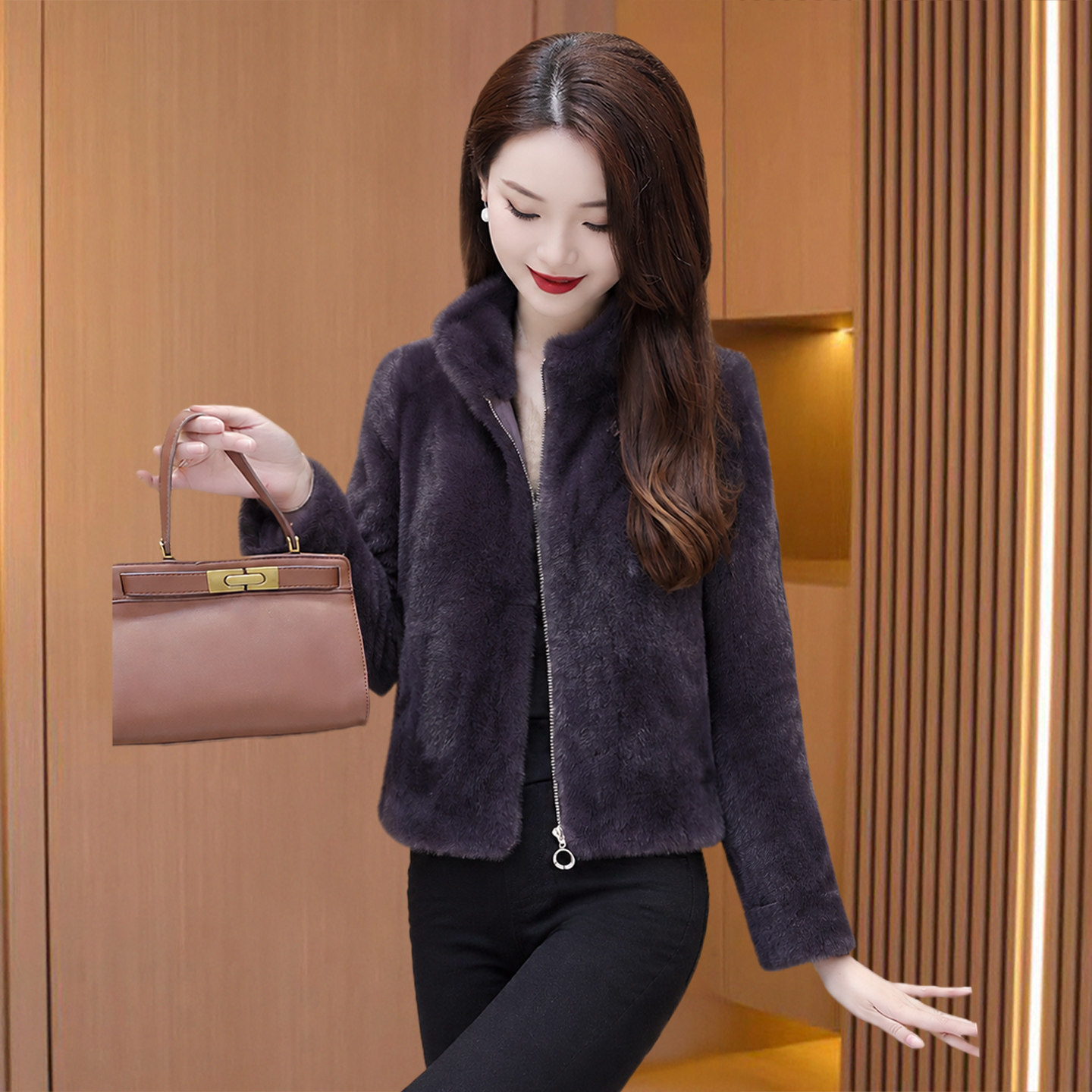 皮毛一体大衣女冬爆款海宁皮草时尚洋气毛呢短外套妈妈加厚高级感