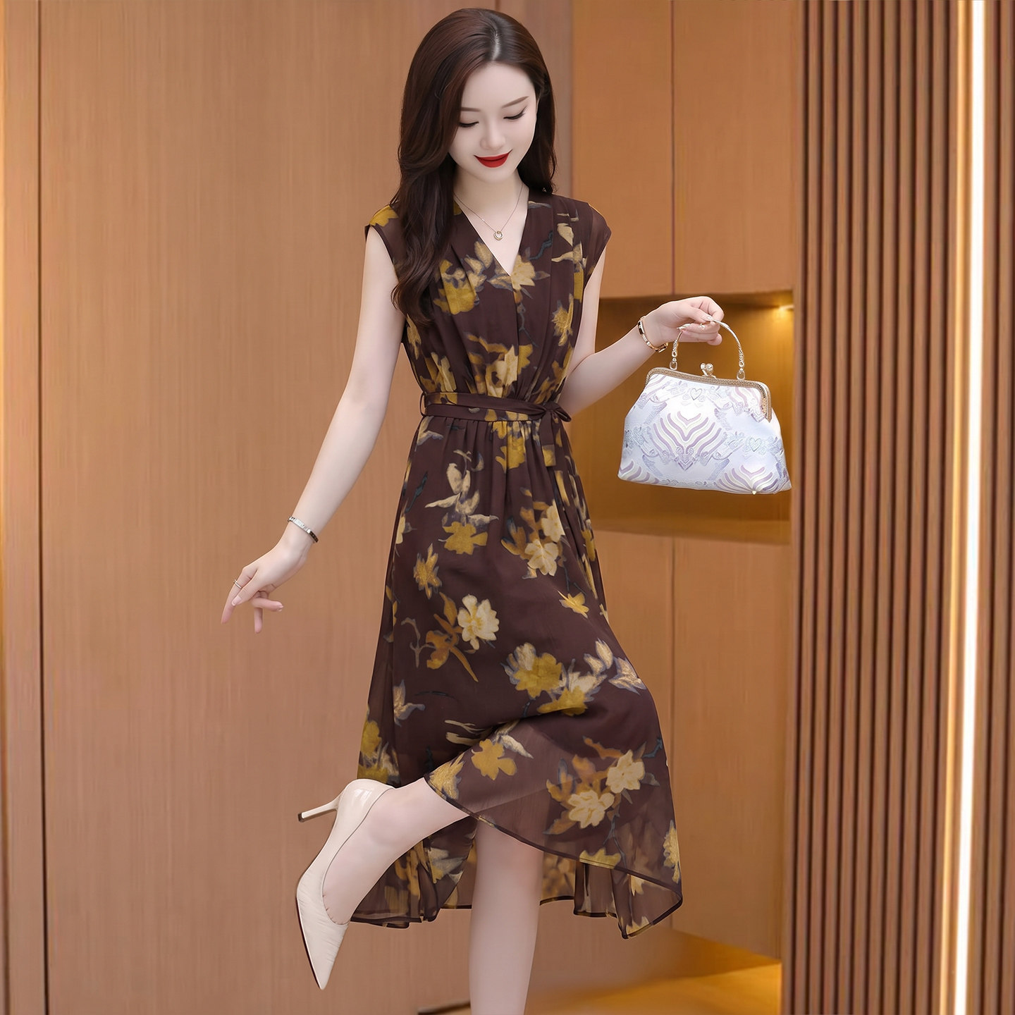 无袖v领连衣裙女夏雪纺碎花纱料高端奢华品牌妈妈气质广州十三行