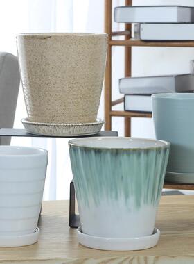 flowerpot ceramic simple large indoor plant pot with tray跨