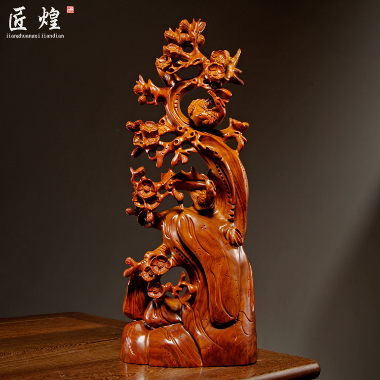 花梨木雕喜上眉梢花鸟摆件实木