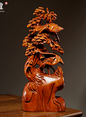 花梨木雕松鹤延年摆件实木送礼