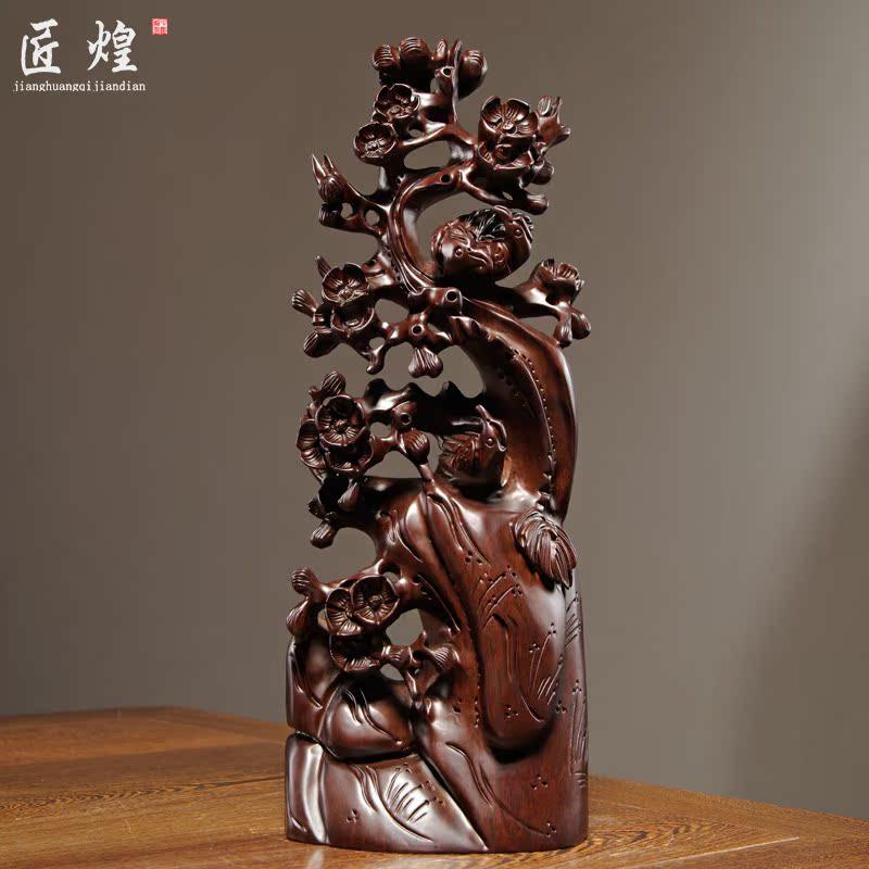 黑檀木雕喜上眉梢摆件实木花鸟