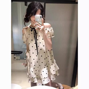 法式甜美露肩波点连衣裙女夏季2026新款小个子气质蓬蓬短裙娃娃裙