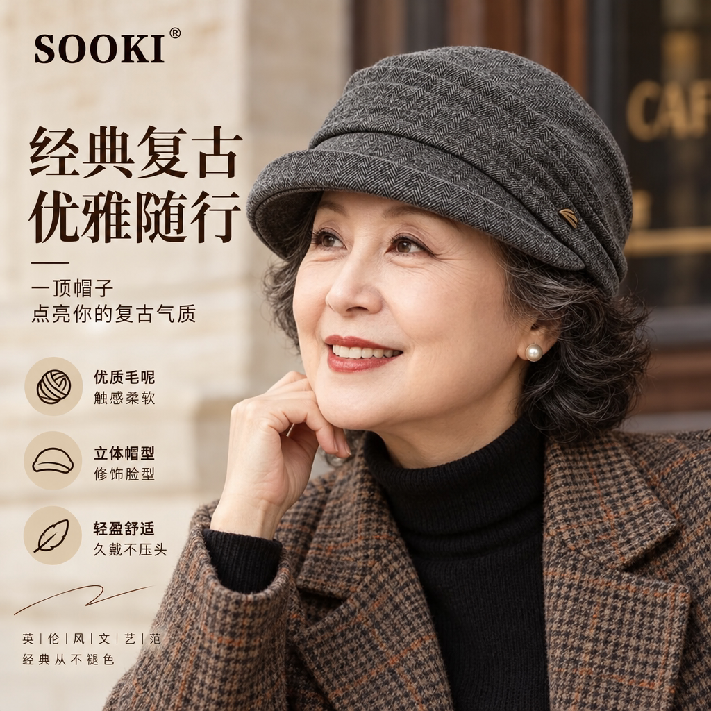 中老年人帽子妈妈女款洋气2026渔夫帽春秋四季人字纹褶皱盆帽奶奶