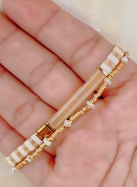 MLGM新叠戴款暖黄进口tila珠弹力线手链 天然珍珠可调节细小手串