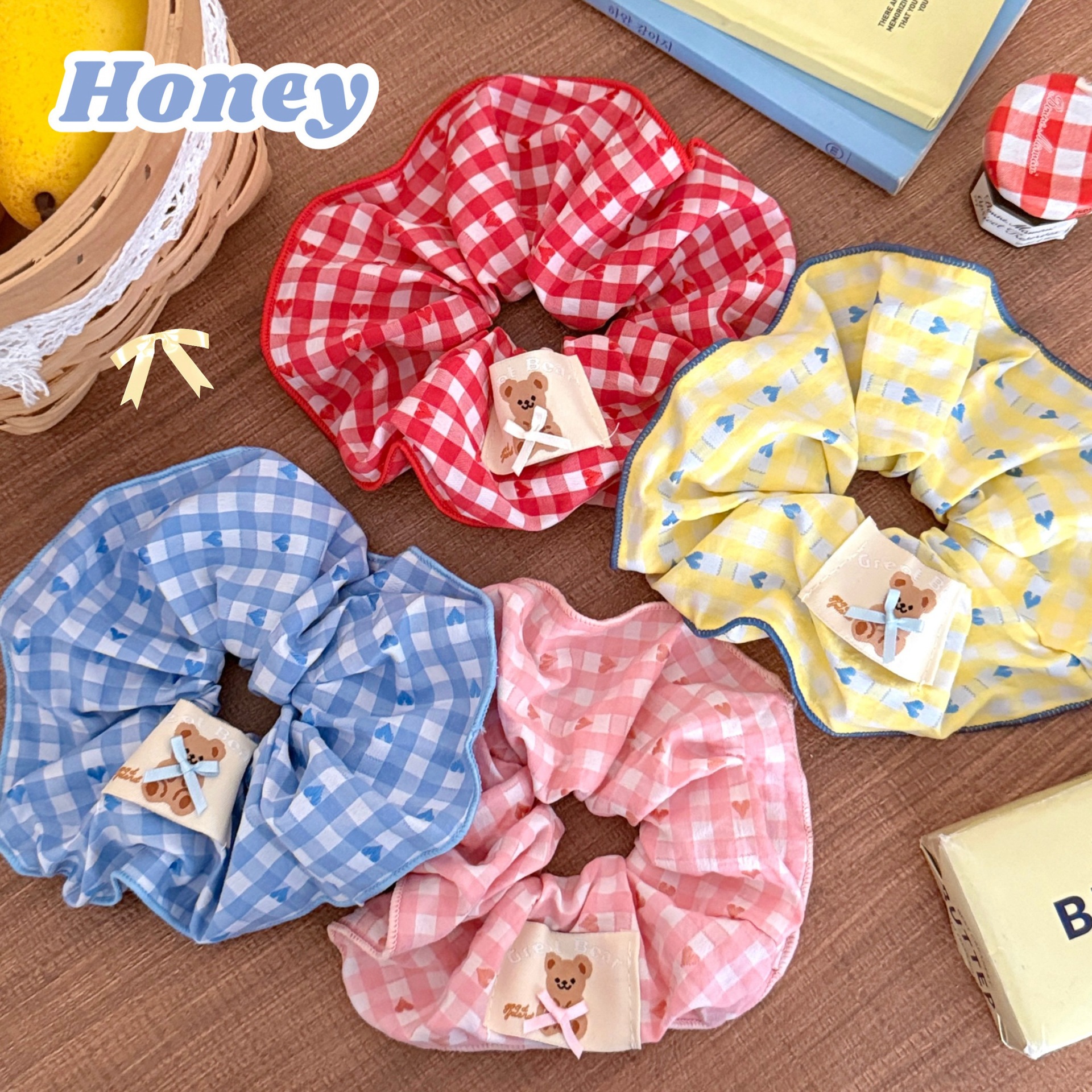 校园时尚水洗标风复古格纹大肠发圈结小熊学院发绳甜美发饰