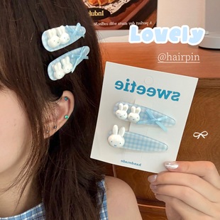 校园时尚奶可爱格纹小兔甜美少女蓝色刘海夹边夹儿童碎甜美发夹鸭