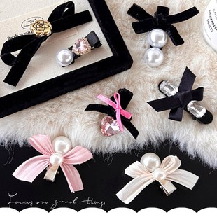 学生小礼品高级感珍珠钻石结夹子新款少女刘发夹夹黑色丝绒鸭嘴海