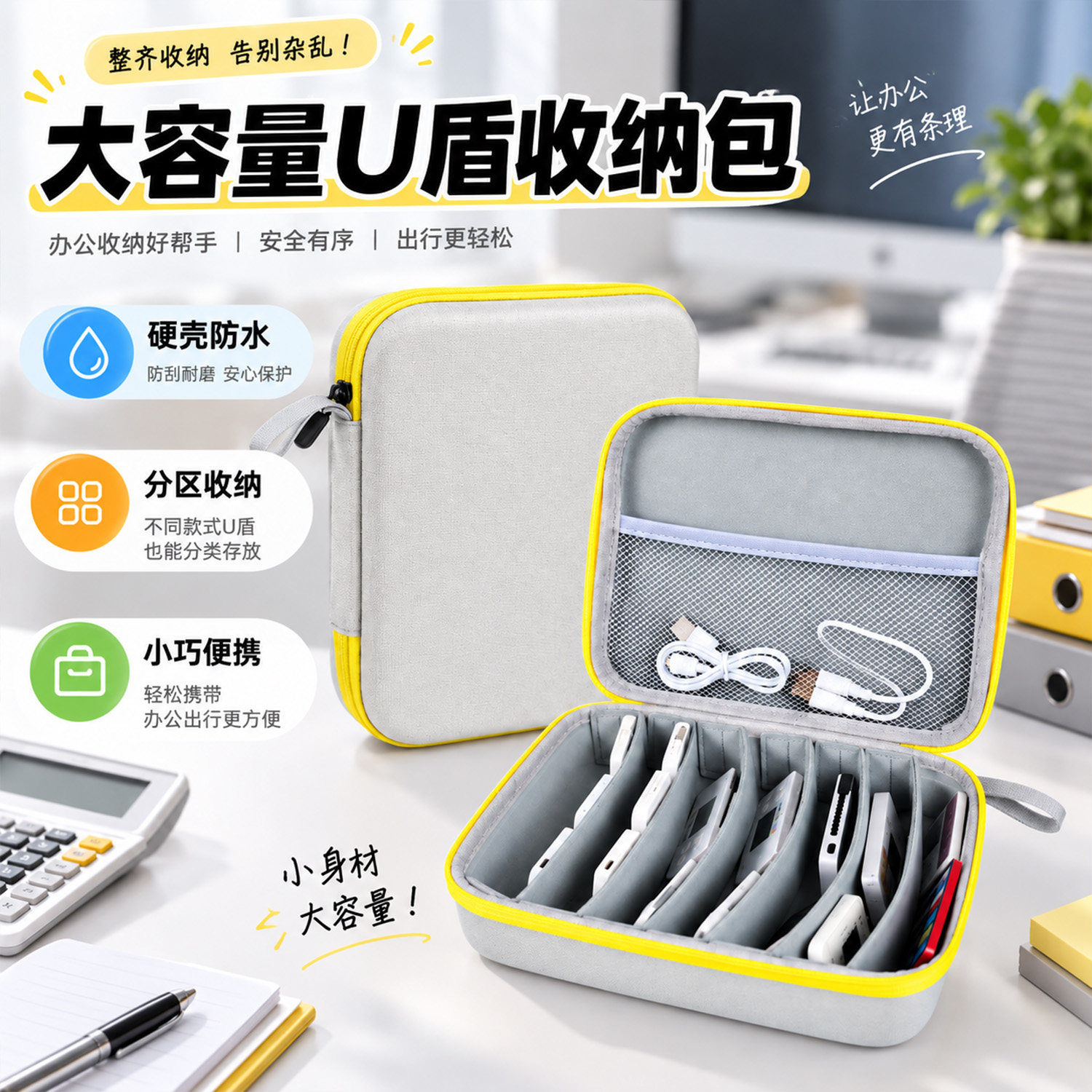 大容量U盘收纳盒 教师财会多格分区优盘U盾移动存储硬盘数据线分类整理防水硬壳便携收纳包公司财务便携u盘盒
