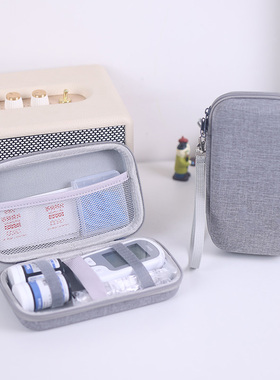 血糖仪收纳包 硬壳防摔抗压多用途便携收纳盒子大容量血糖仪收纳整理盒牛津灰色耐磨防水款束带固定大尺寸