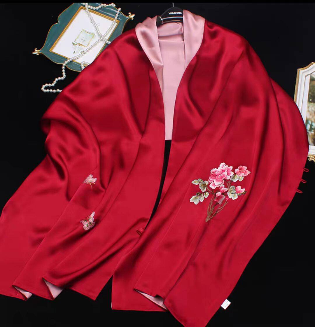 苏州刺绣婚礼妈妈旗袍披肩外搭长款绣花桑蚕丝围巾喜婆婆真丝披肩