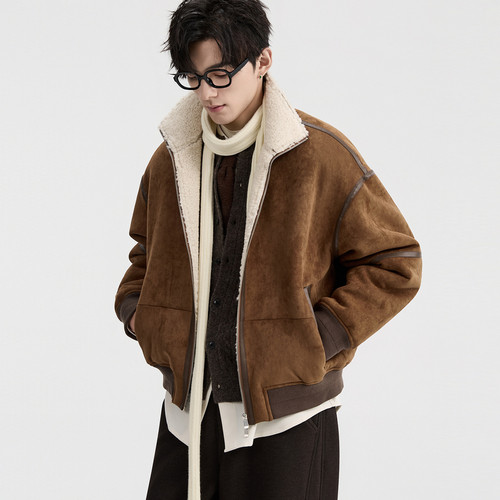 伯爵卓尔25冬季含羊毛仿麂皮绒羊羔毛布毛一体夹克男加厚棉衣外套