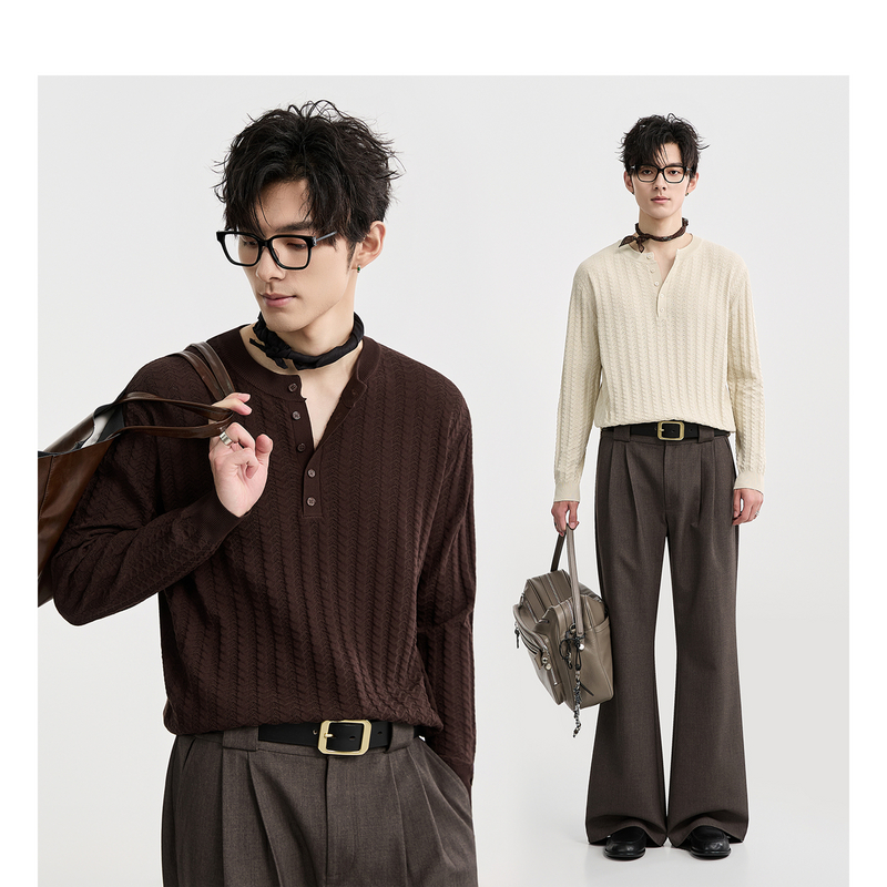 [针织提花]伯爵卓尔奥莱店25秋季亨利领长袖T恤肌理感休闲体恤衫