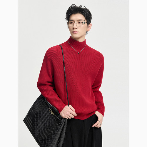 含羊毛新年红色半高领针织打底衫/伯爵卓尔26年宽松羊毛衫内搭男