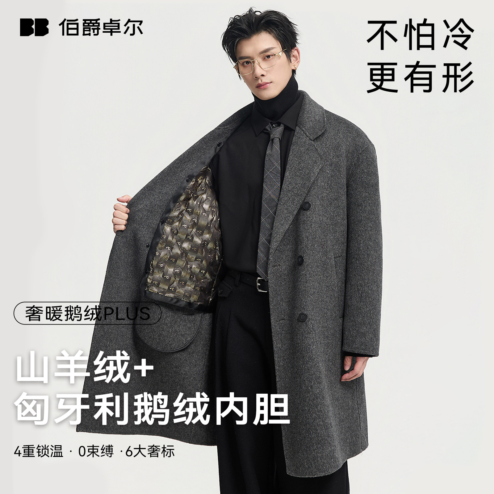 [匈牙利进口90鹅绒]石墨烯内胆13%+山羊绒羊毛双面呢大衣男冬外套