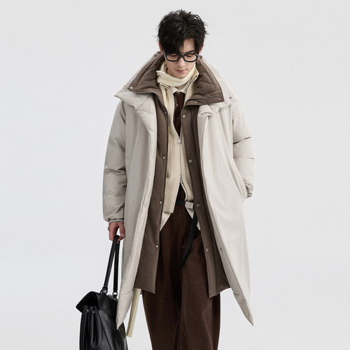 {假两件撞色设计}伯爵卓尔25深冬中长款宽松立领羽绒服保暖外套男