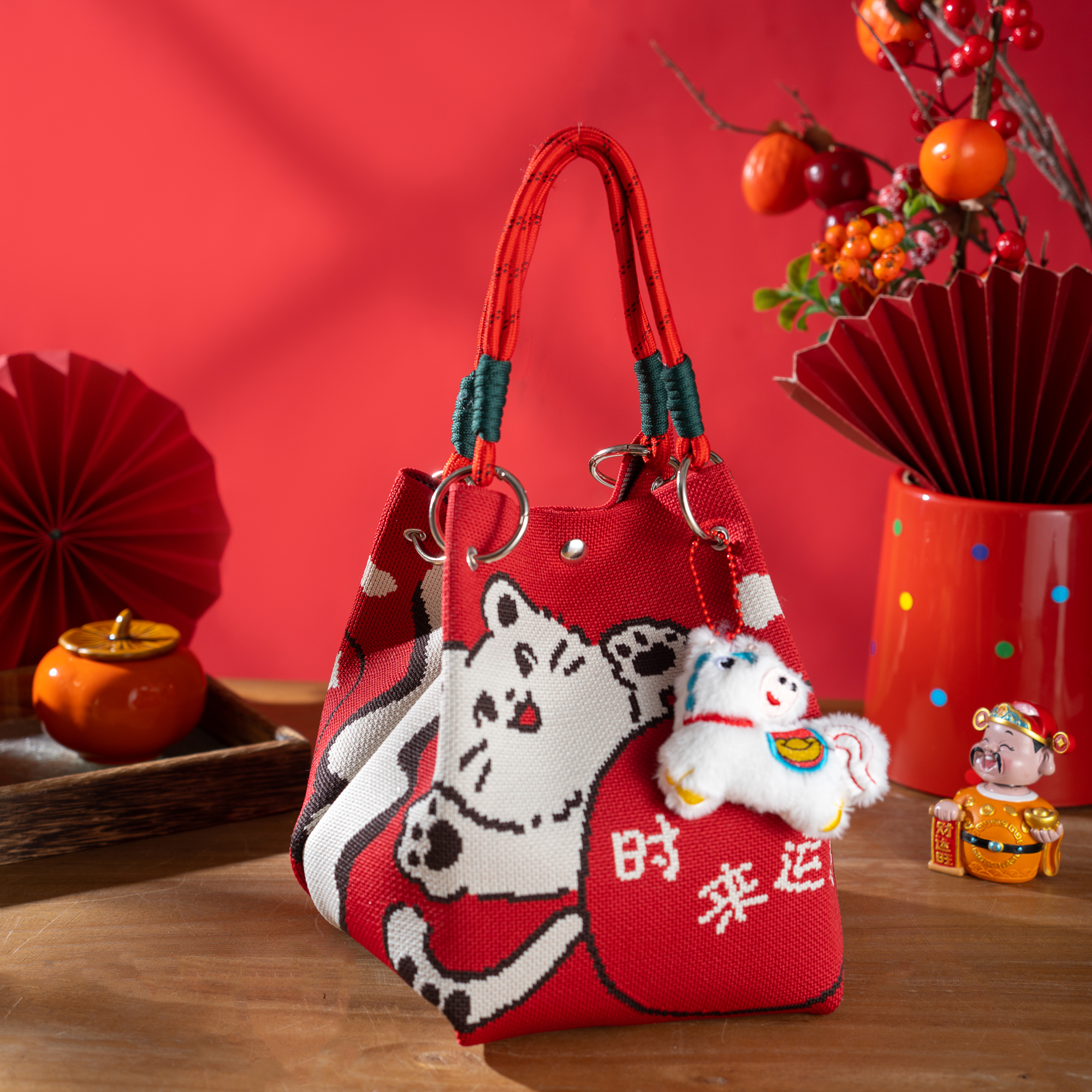 可爱马年新款针织手提包包卡通招财新年大容量外出手拎便携礼物袋