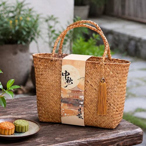 2026年中秋礼盒草编手提篮蛋黄酥月饼包装盒公司团购中秋节礼品盒