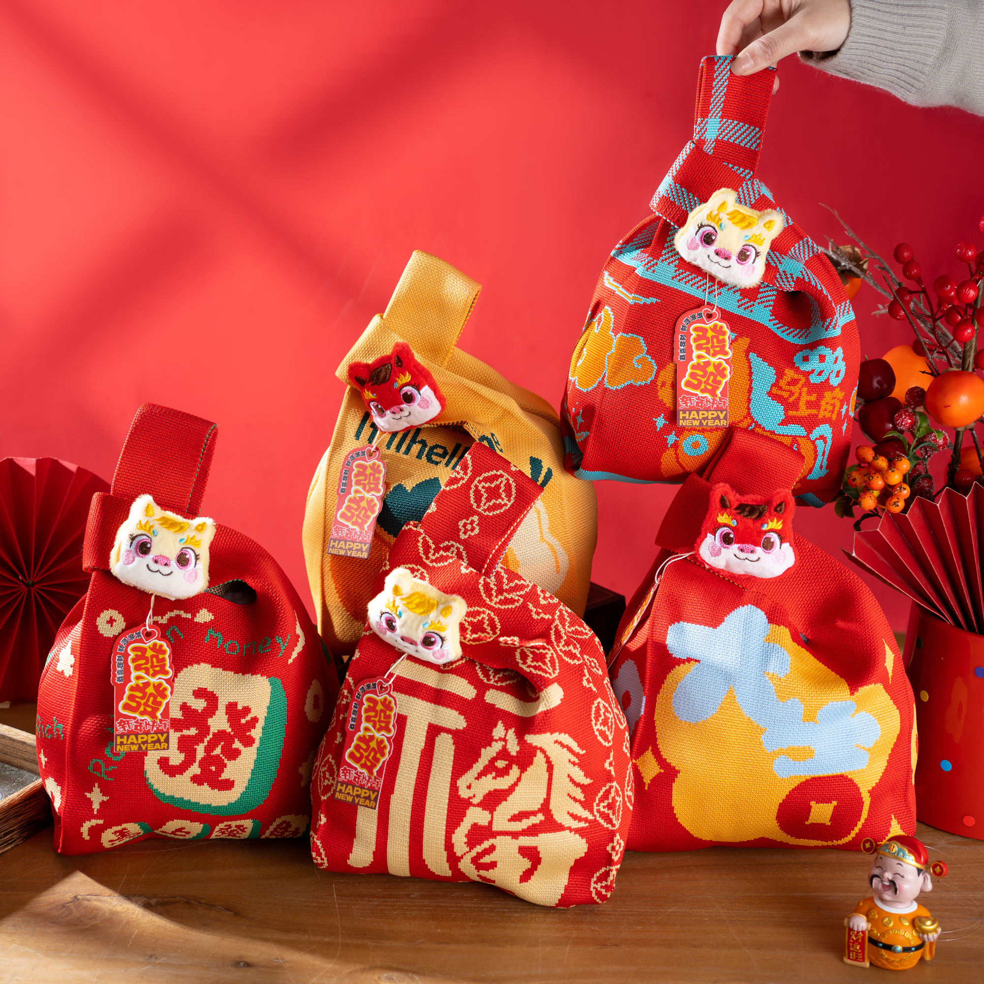 2026马年新年款针织手提袋春节礼物袋手拎编织元旦福袋礼品手腕包