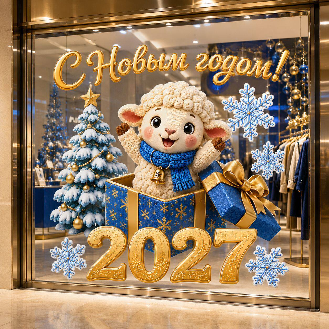 俄语新年快乐玻璃贴纸2027羊年雪花圣诞树窗贴俄罗斯橱窗装饰窗花