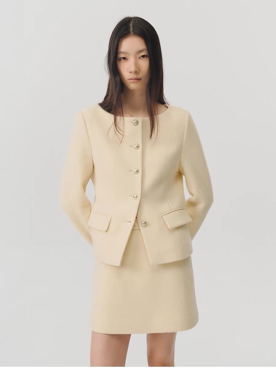 韩国外贸原单look2026秋冬新款小香风羊毛毛呢外套女圆领单排扣