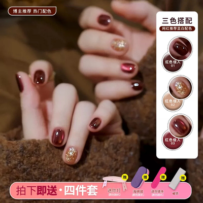 2025年秋冬新款三合一懒人甲油胶酒红色猫眼胶免底胶免封层一步胶