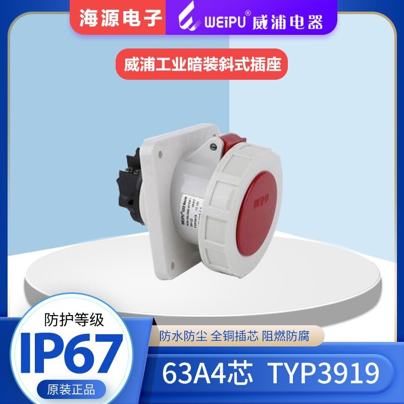 WEIPU威浦防水工业暗装斜式插座63A4芯 TYP3919 380V 3P+E IP67