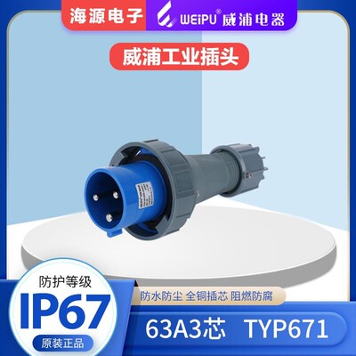 威浦WEIPUTYP671 63A3芯防水大电流工业插头 220V 2P+E 6H IP67