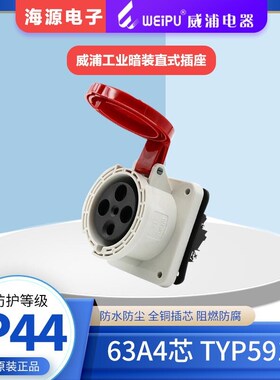 WEIPU威浦航空插头工业暗装直式插座 TYP5918 63A4芯 380V3P+E 6H