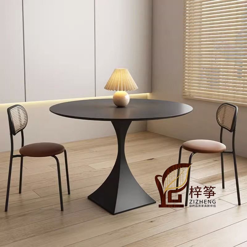 奶油风岩板餐桌椅简约小户型家用圆桌餐厅现代休闲纯色网红圆桌子