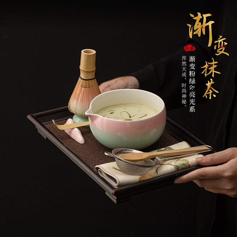 粉绿渐变抹茶八件套亮光系陶瓷打茶工具日式点茶道茶筅茶刷过滤网