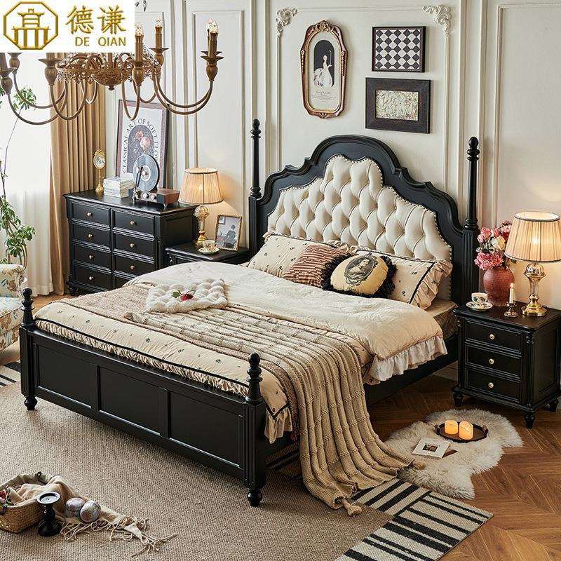 法式中古风黑色高级复古美式实木大床真皮软靠1米8双人床家用婚床