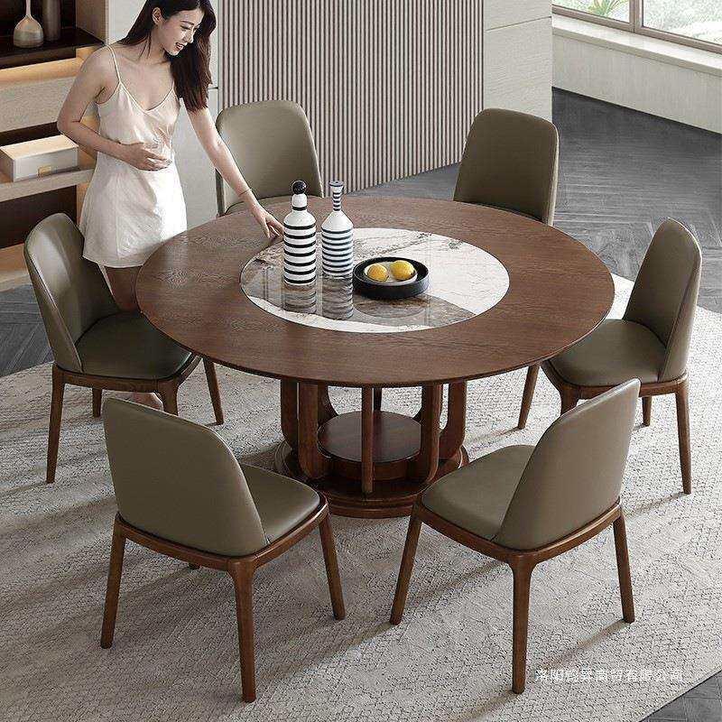岩板圆形餐桌椅组合带转盘新中式家用客厅圆型纯实木北欧大圆餐桌