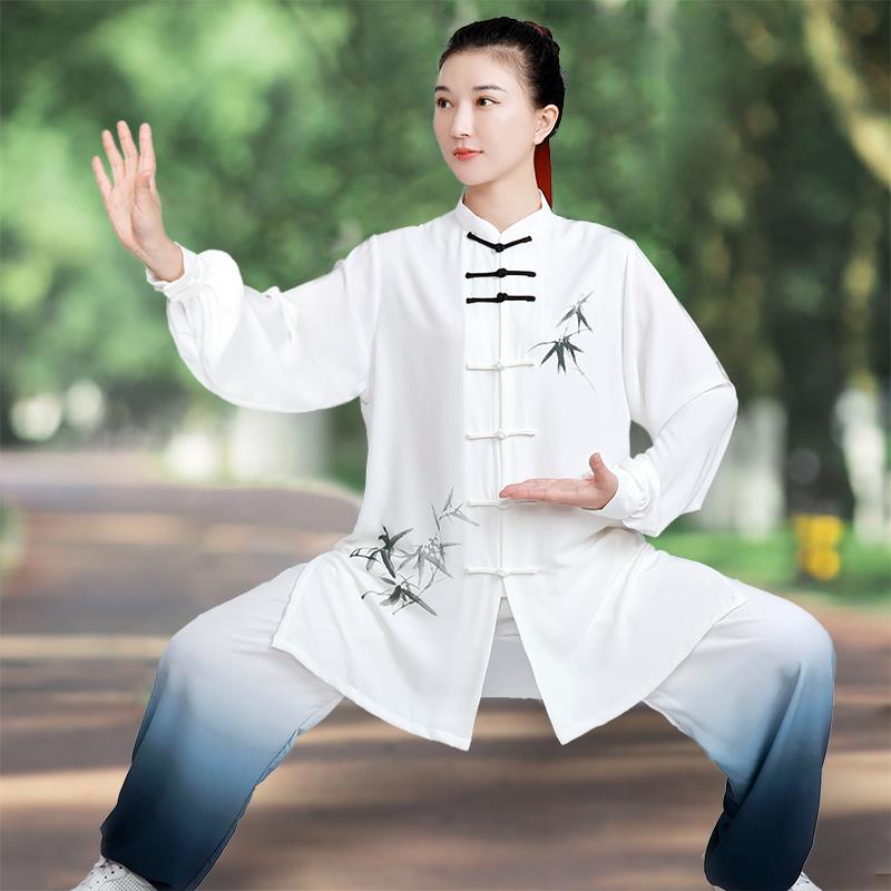 太极服女武术服墨竹丝麻渐变色八段锦太极拳服中国风太极表演服