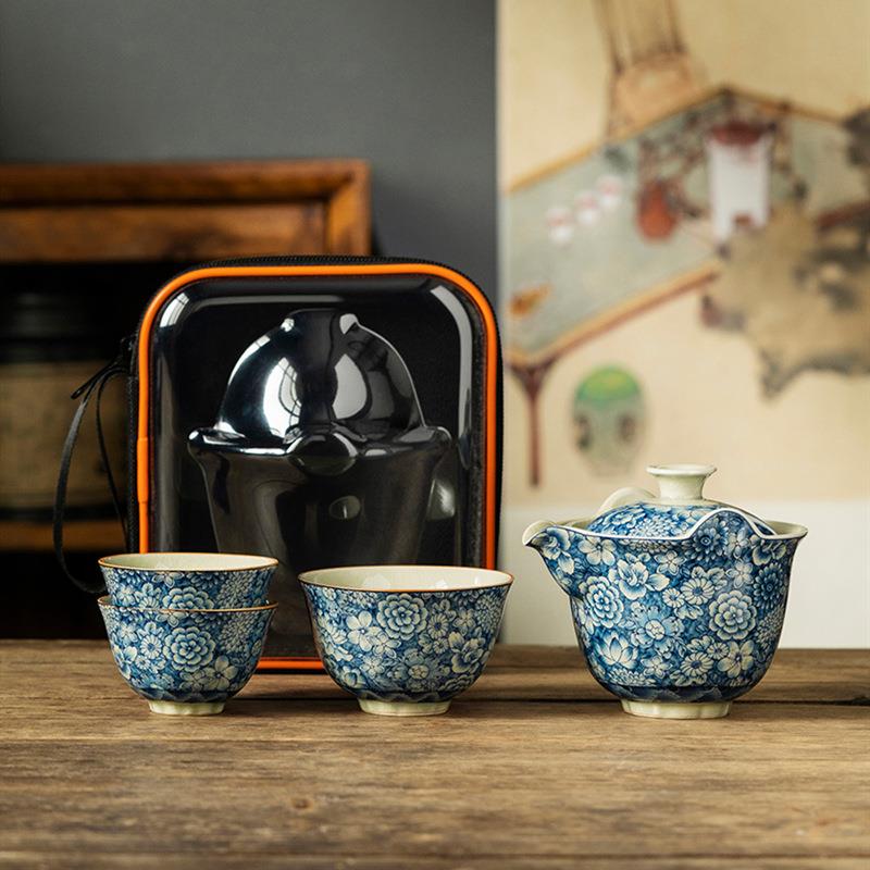 陶瓷青花旅行茶具便携式快客杯个人专用户外喝茶随身包泡茶壶套装