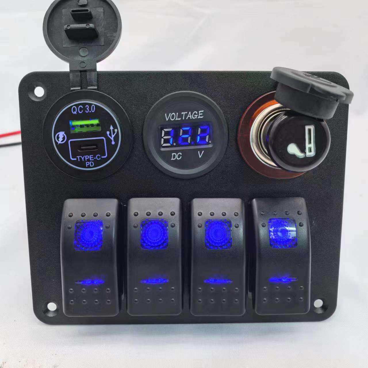 热卖款车船改装面板组合开关4+3车充A+C电压表数显点烟器组合