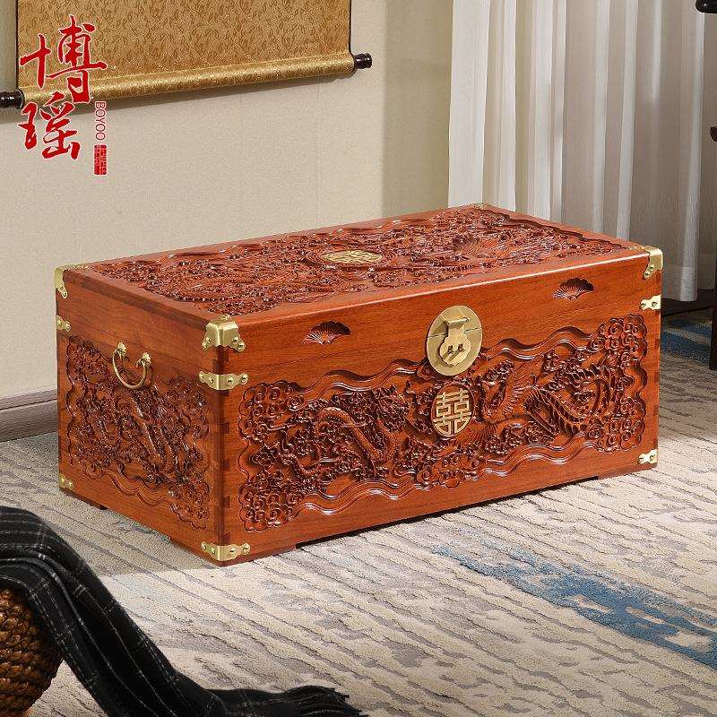 OQ5M香樟木箱子龙凤喜婚嫁箱陪嫁全樟木字画箱木箱储物箱实木