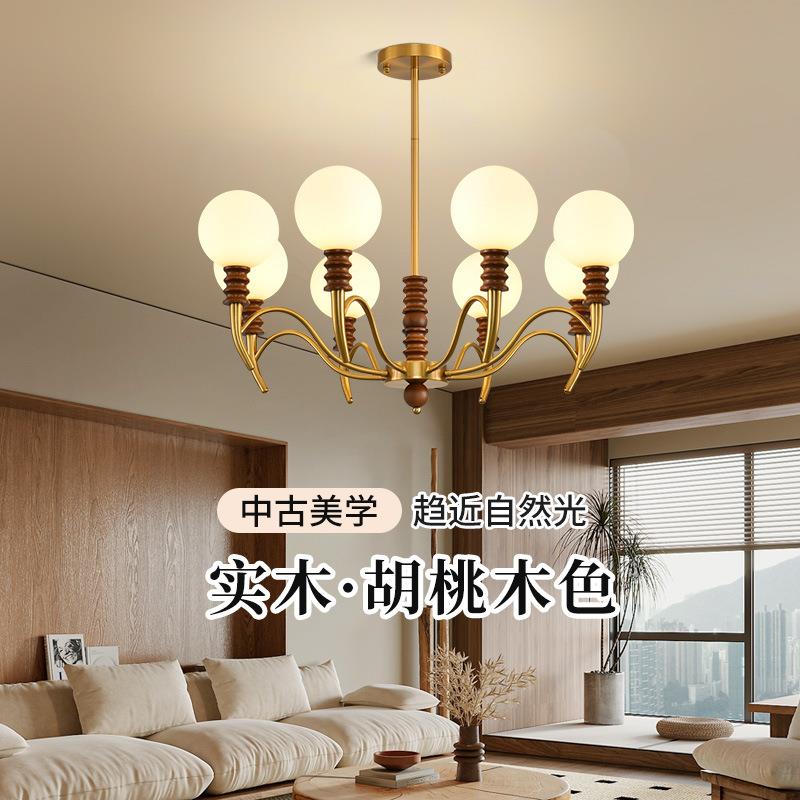 法式中古实木灯客厅吊灯美式卧室玻璃吊灯高级感大厅楼梯餐厅吊灯