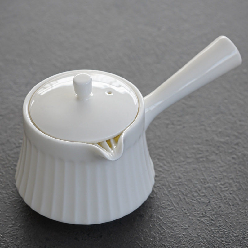 儒趣 日式创意侧把壶白瓷竖纹小茶壶家用办公陶瓷过滤泡茶器单壶