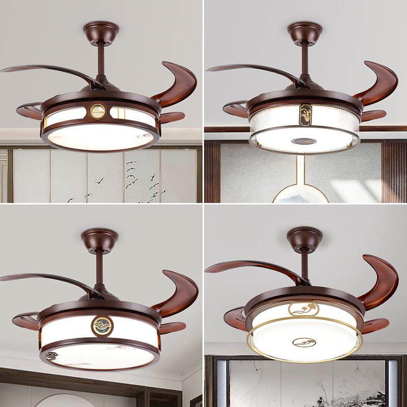 新中式风扇灯吊扇灯乌檀木中国风餐厅吊灯具六档隐形静音灯扇一体