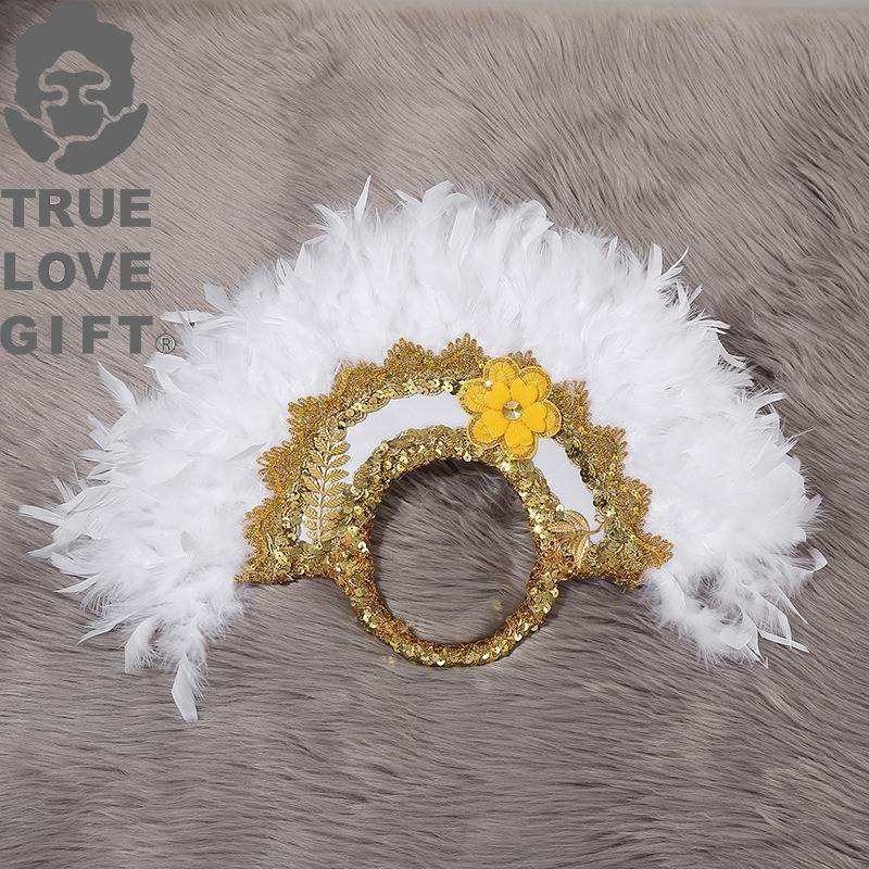 西式婚礼羽毛扇子白色羽毛金色花边婚庆婚礼表演新娘伴娘手拿扇